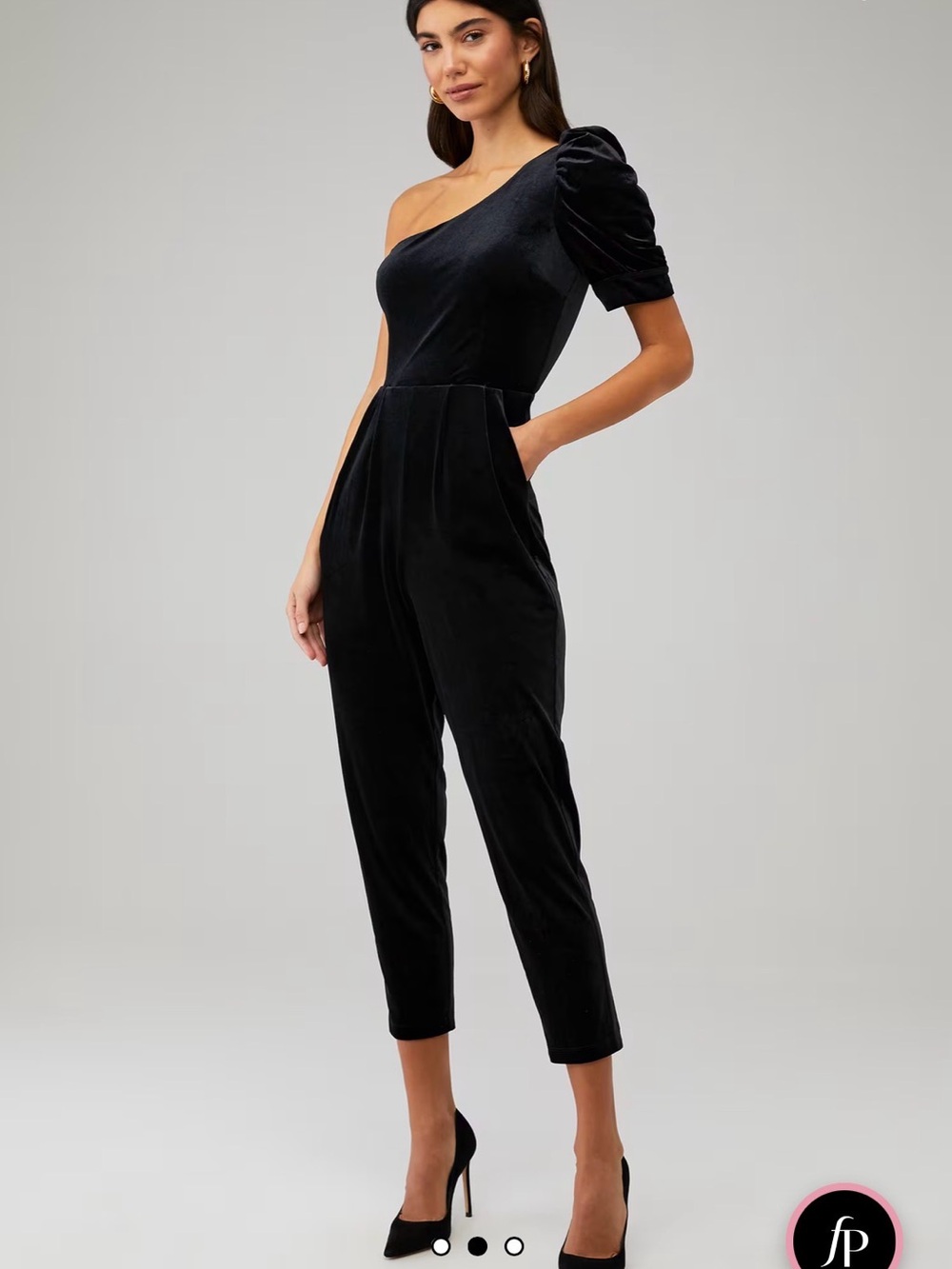 Yumi Kim Black One-Shoulder Velvet Cropped Jumpsuit with Ruched Sleeve